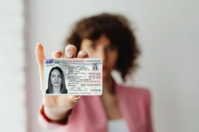 Mujer sostiene su tarjeta TIE